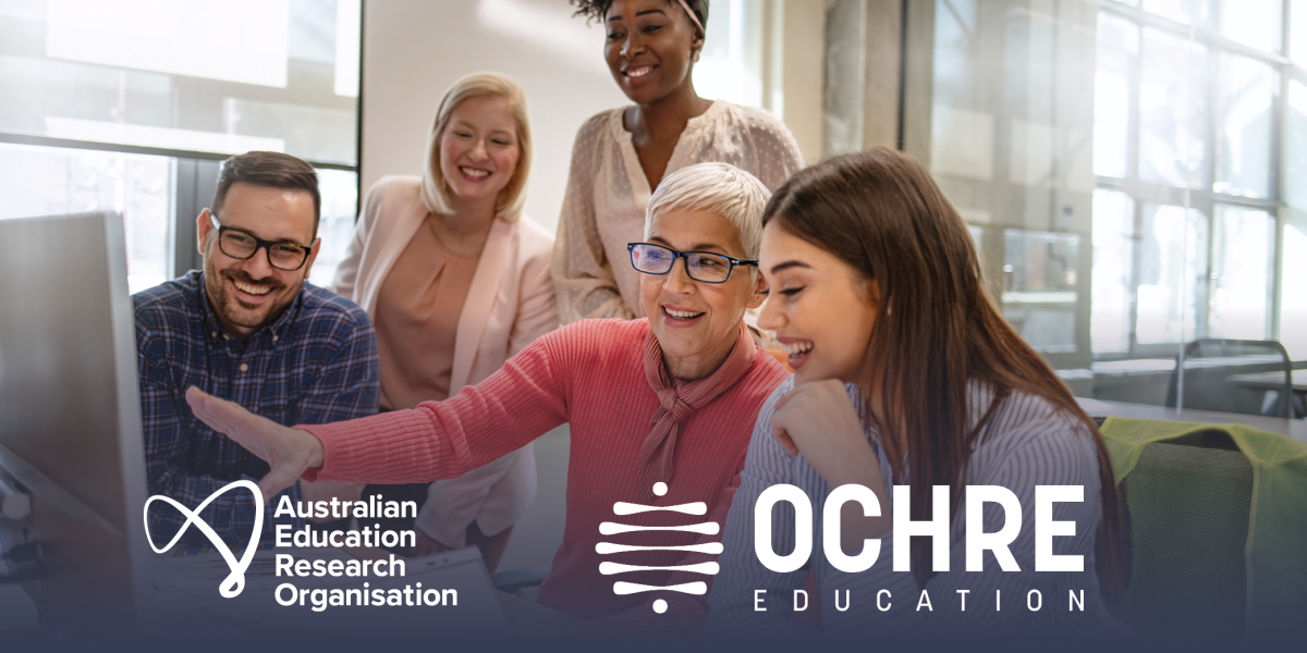 A group of 5 adults sitting and standing in front of a computer screen in discussion. Over the image are two logos: The Australian Education Research Organisation and Ochre Education 