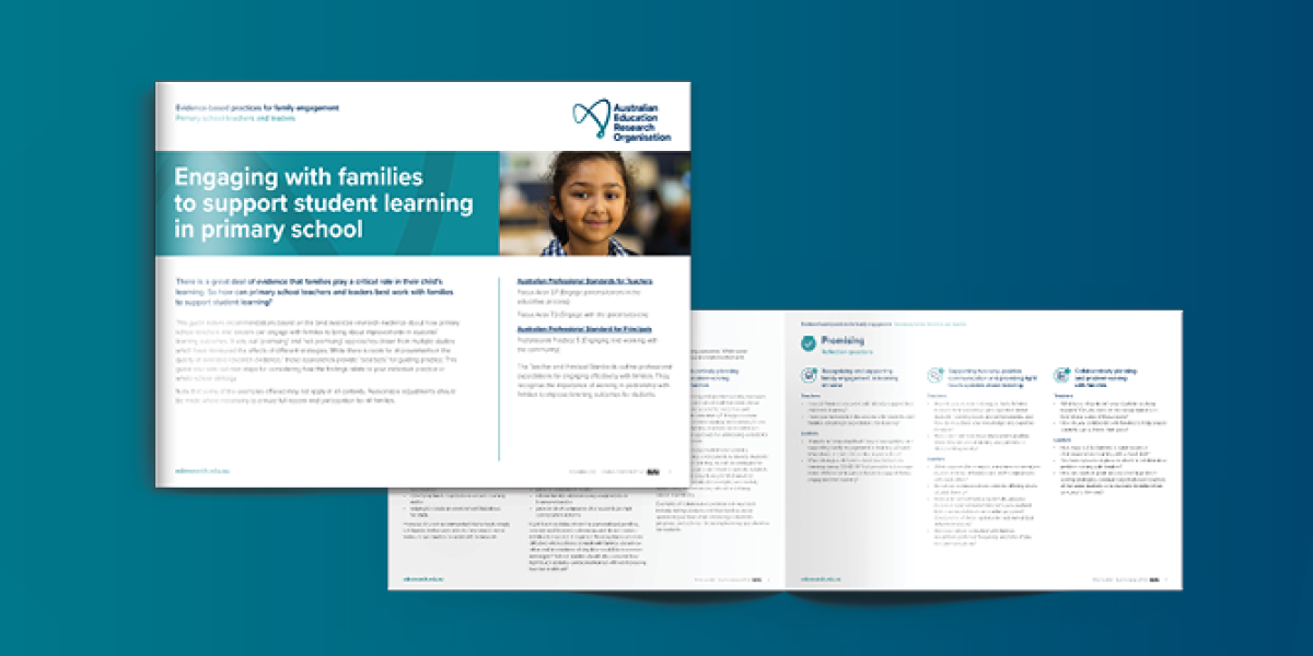 A4 landscape booklet cover and page spread for the AERO family engagement in primary school practice guide