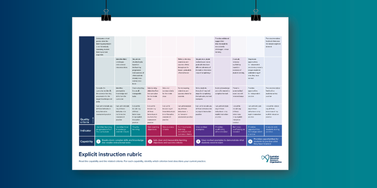 A rubric document which looks like a table with different coloured sections. 