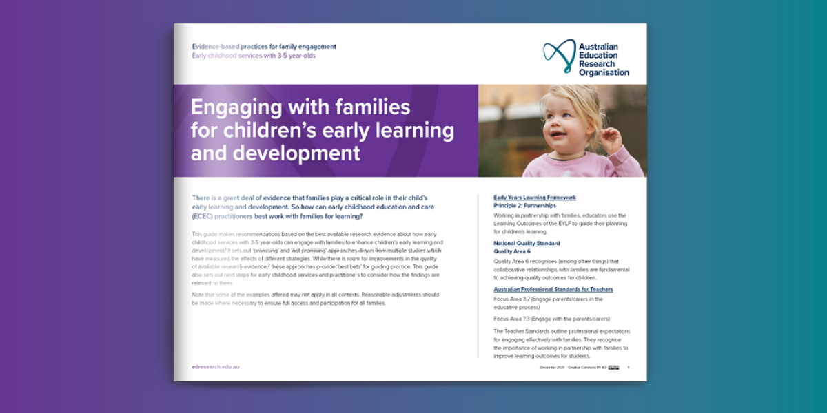 A4 landscape booklet cover for the AERO family engagement in early childhood education and care practice guide